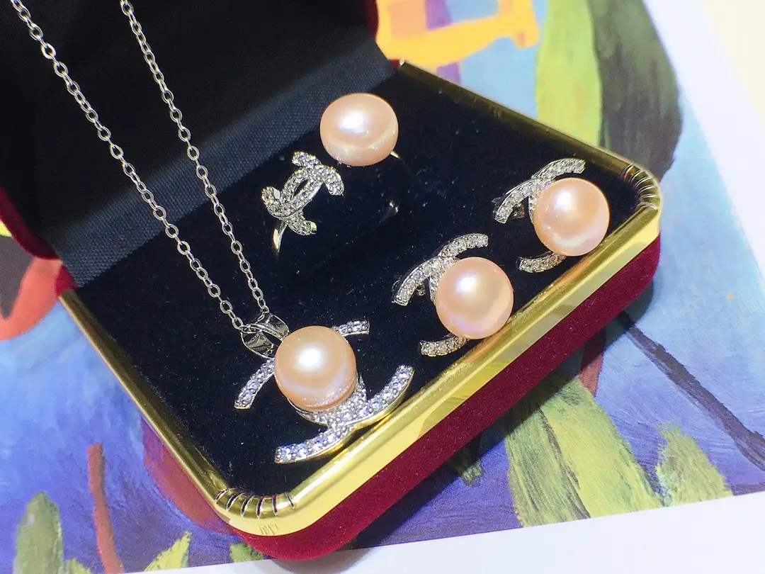 Pearl Necklace Earrings Ring Pendant Set Pink Gold — feature 12