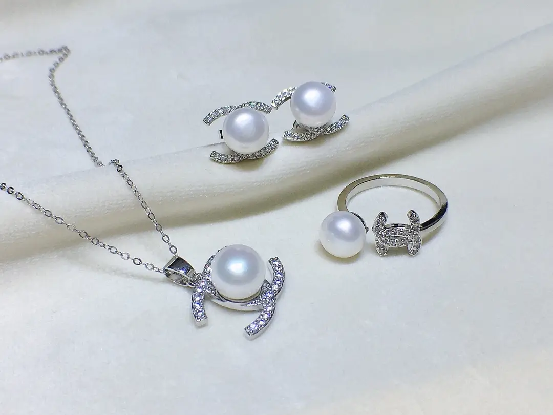 Pearl Necklace Earrings Ring Pendant Set Pink Gold — feature 13