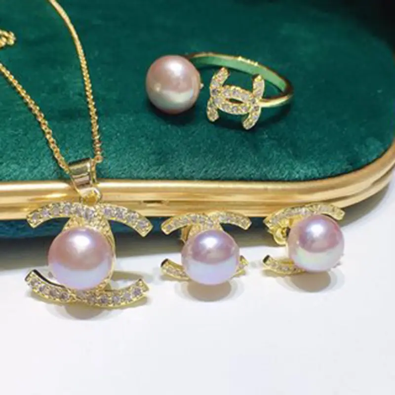 Pearl Necklace Earrings Ring Pendant Set Pink Gold - Image 2