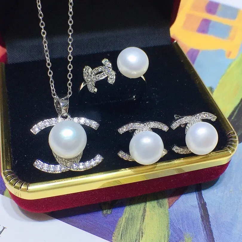 Pearl Necklace Earrings Ring Pendant Set Pink Gold - Image 6