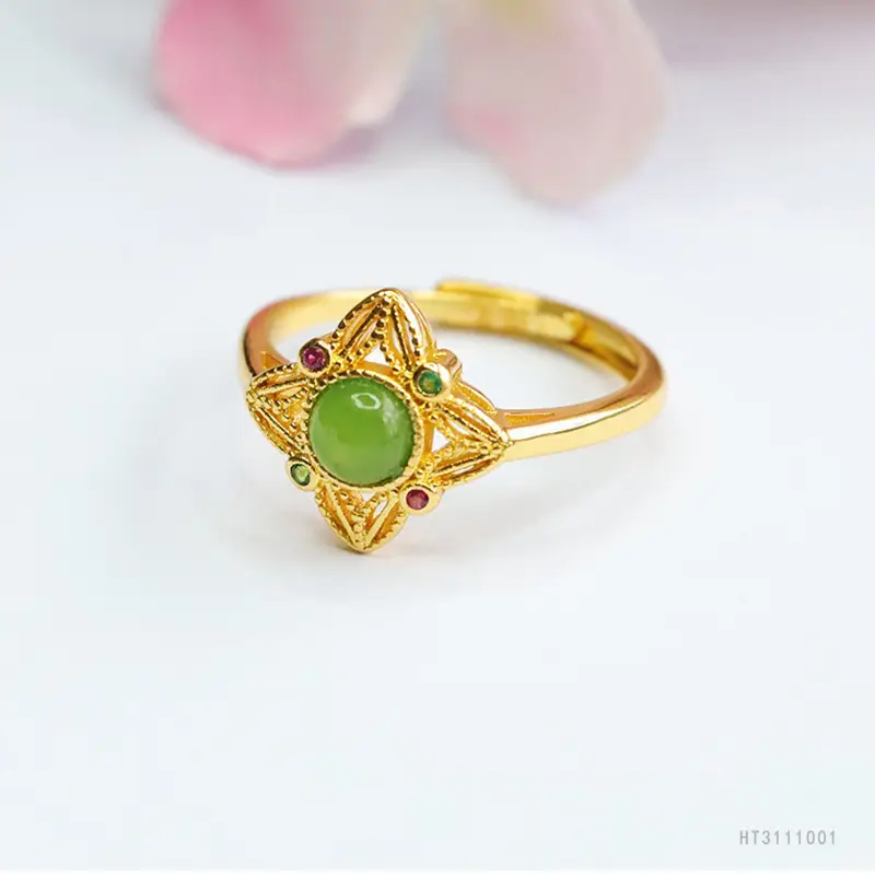 Guan Yu Jade Jasper Ring Four Pointed Star Gold