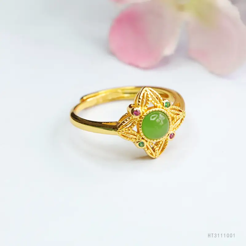 Guan Yu Jade Jasper Ring Four Pointed Star Gold