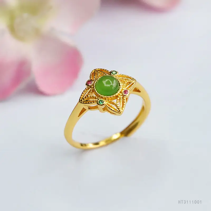 Guan Yu Jade Jasper Ring Four Pointed Star Gold