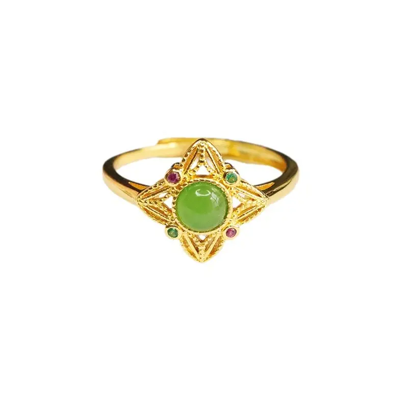 Guan Yu Jade Jasper Ring Four Pointed Star Gold