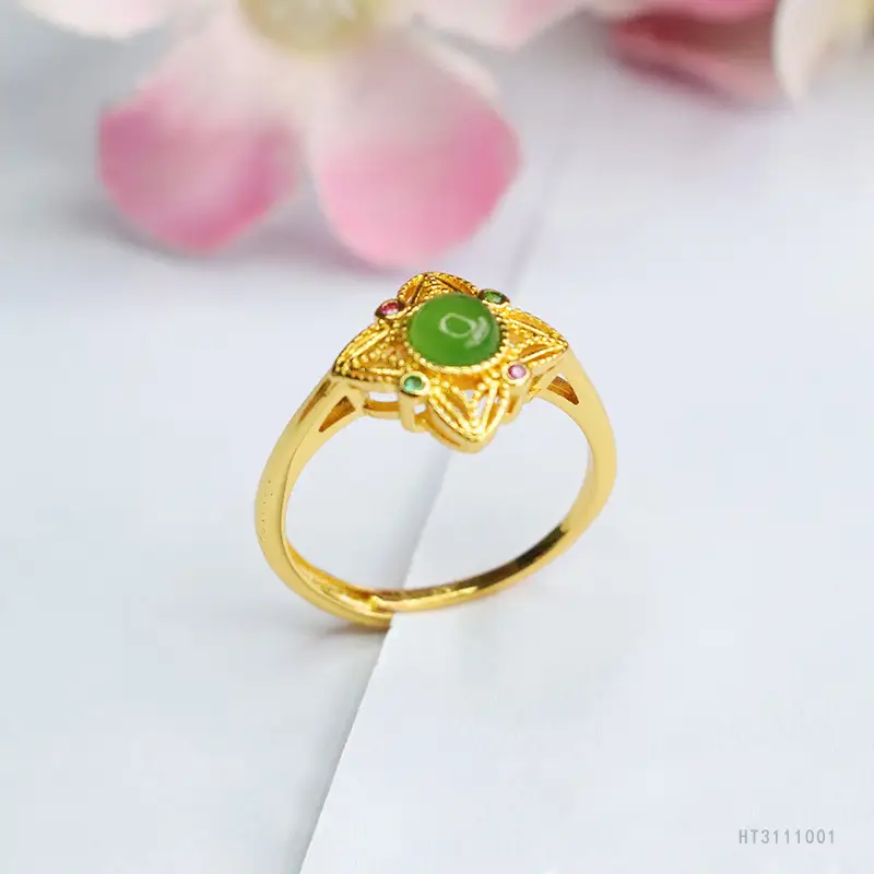 Guan Yu Jade Jasper Ring Four Pointed Star Gold — feature 8