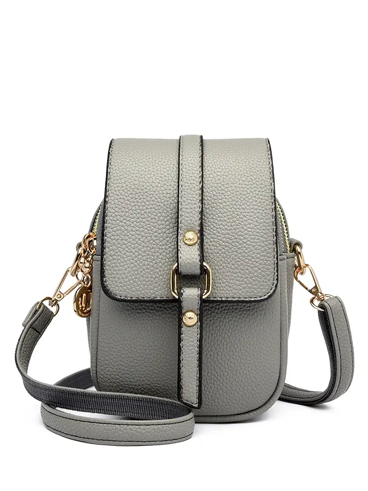 Women's Grey Crossbody Phone Bag with Multi-Flap Pocket - Image 6