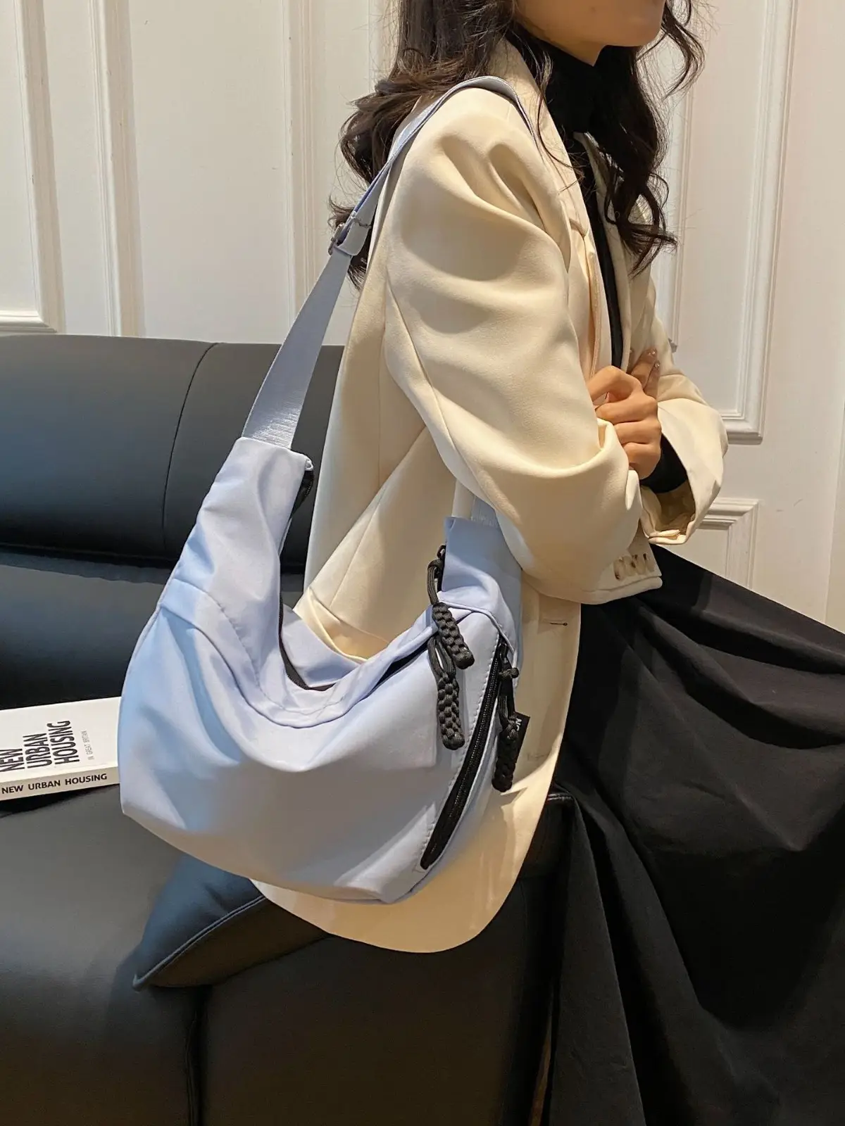 Women's White Korean Style Shoulder Bag with Zip Closure