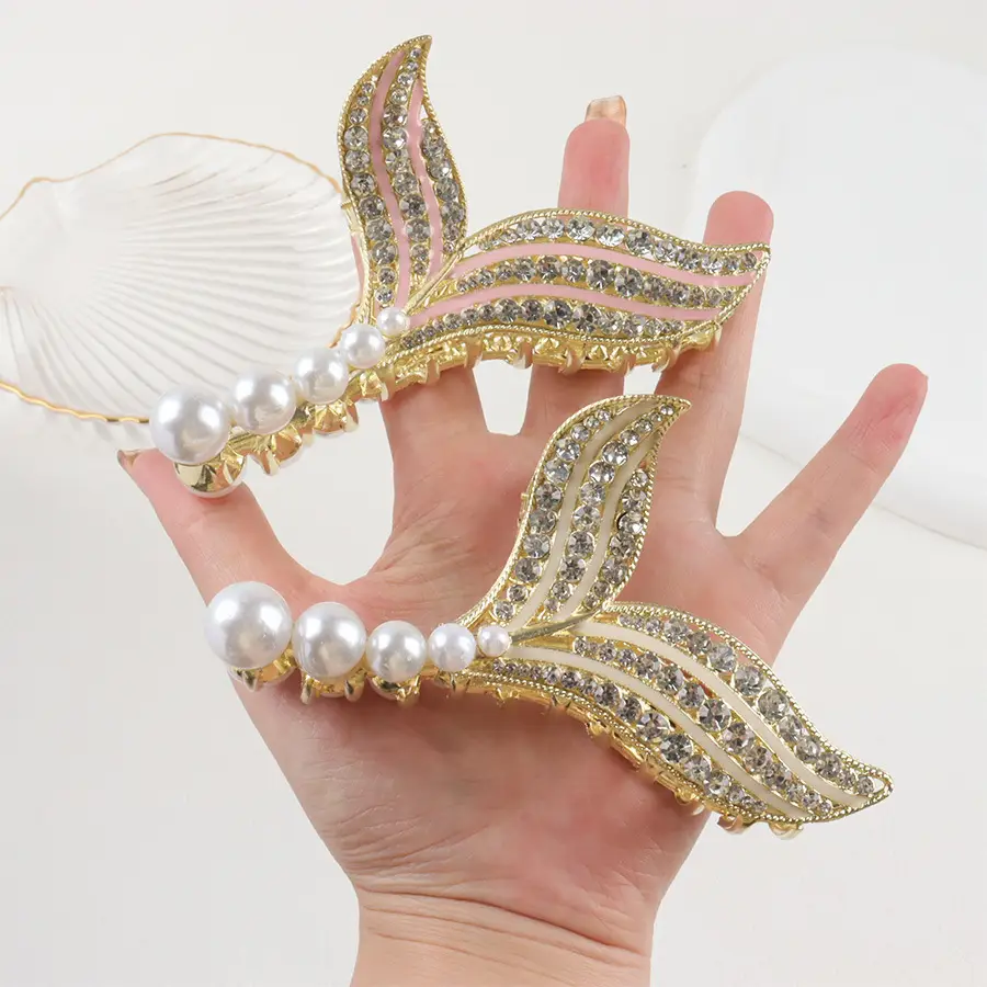 French Pearl Fishtail Hairpin with Full Diamond Clip - Image 4