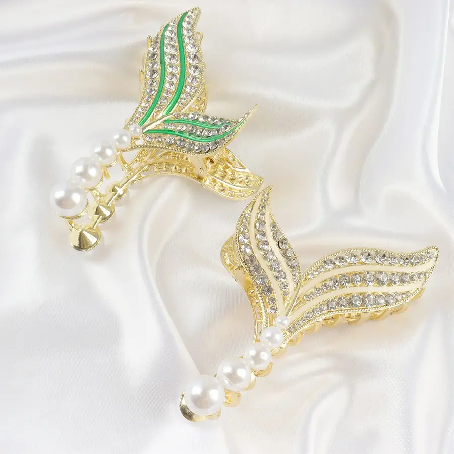 French Pearl Fishtail Hairpin with Full Diamond Clip - Image 5