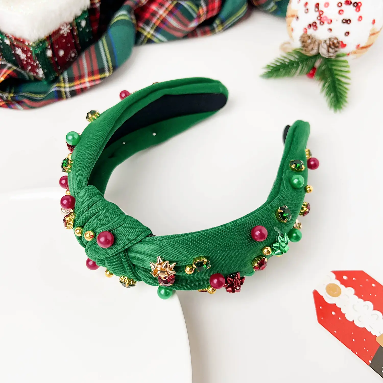 Green Knotted Skull Top Hairpin Headband with Flowers - Image 4
