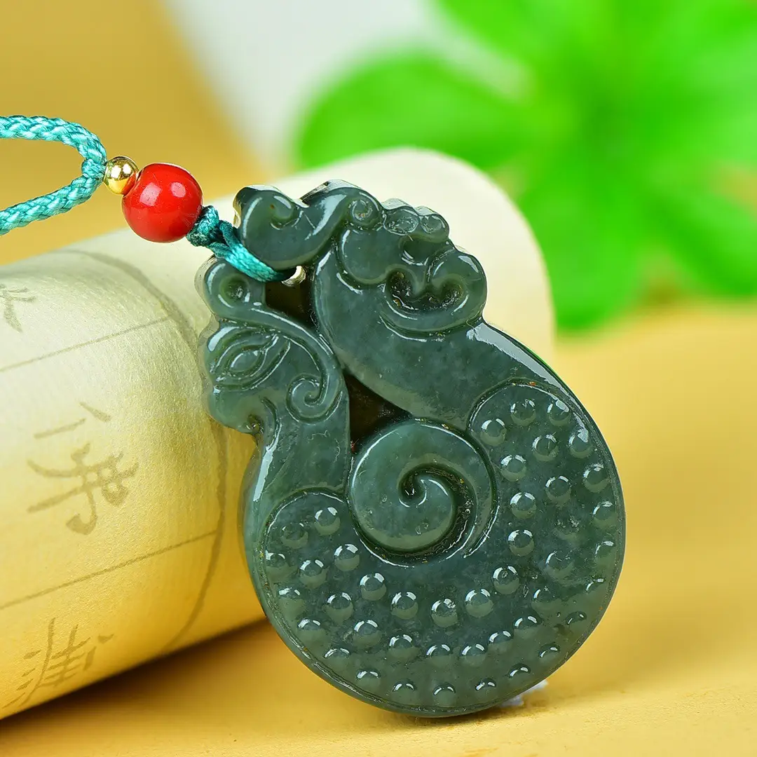 Hetian Jade Antique Dragon Necklace with Red Accents — feature 6