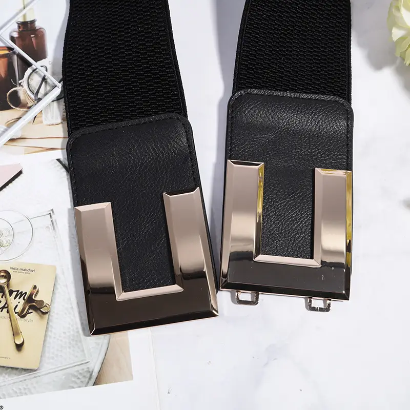 Women's Elastic Belt with Silver Seal & Black Leather