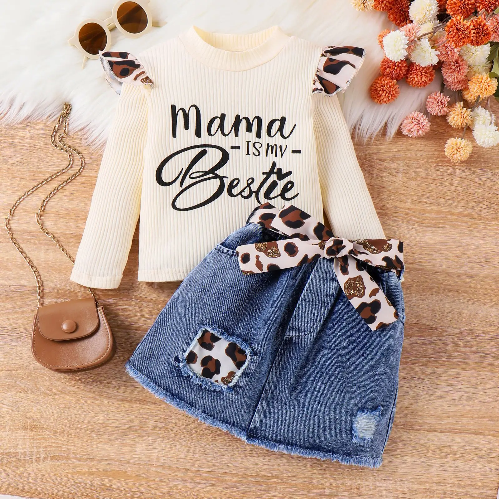 Baoxian Women Leopard Print Top & Denim Skirt 3Pc Set - Image 4