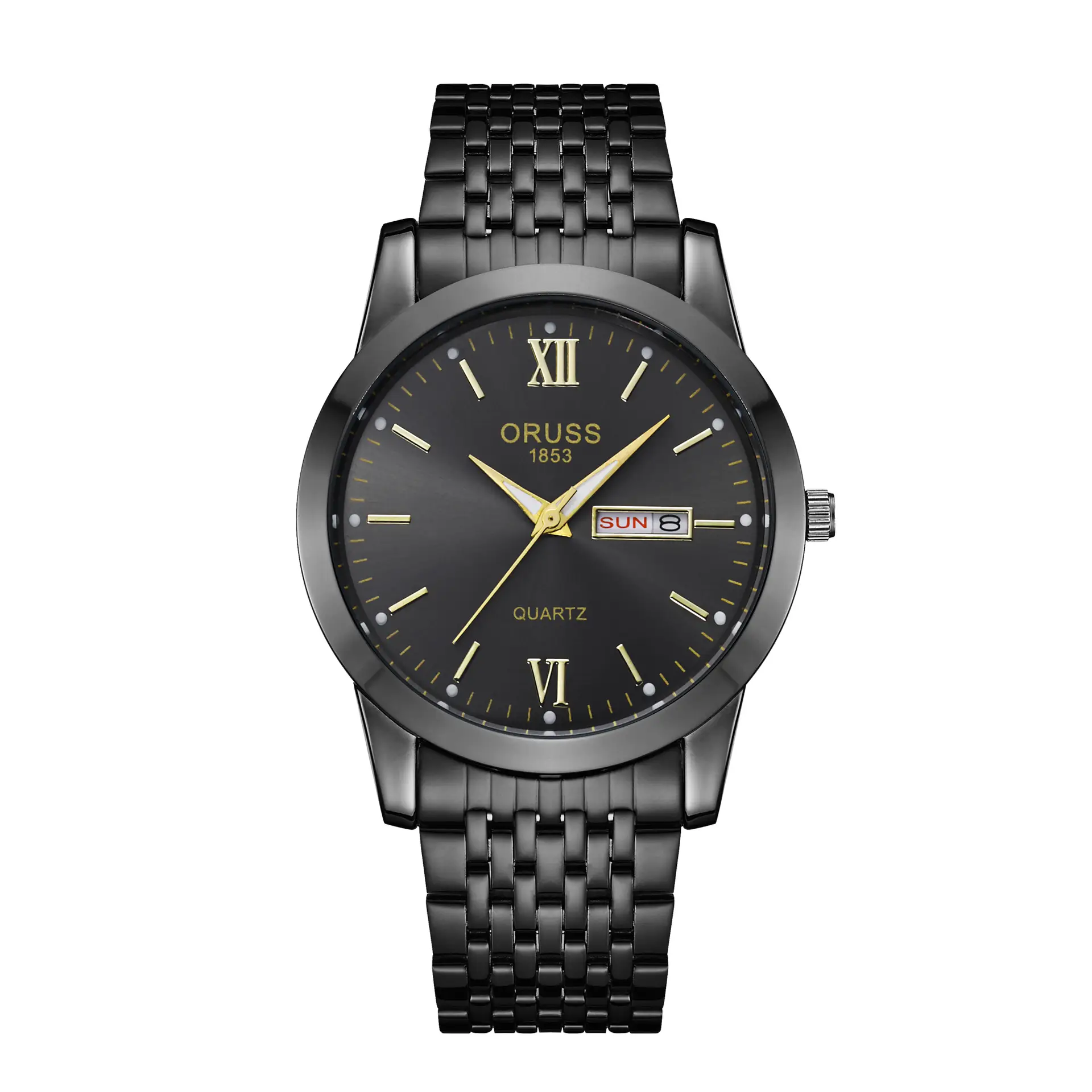 Men's Black Quartz Calendar Watch with Mesh Band — feature 9