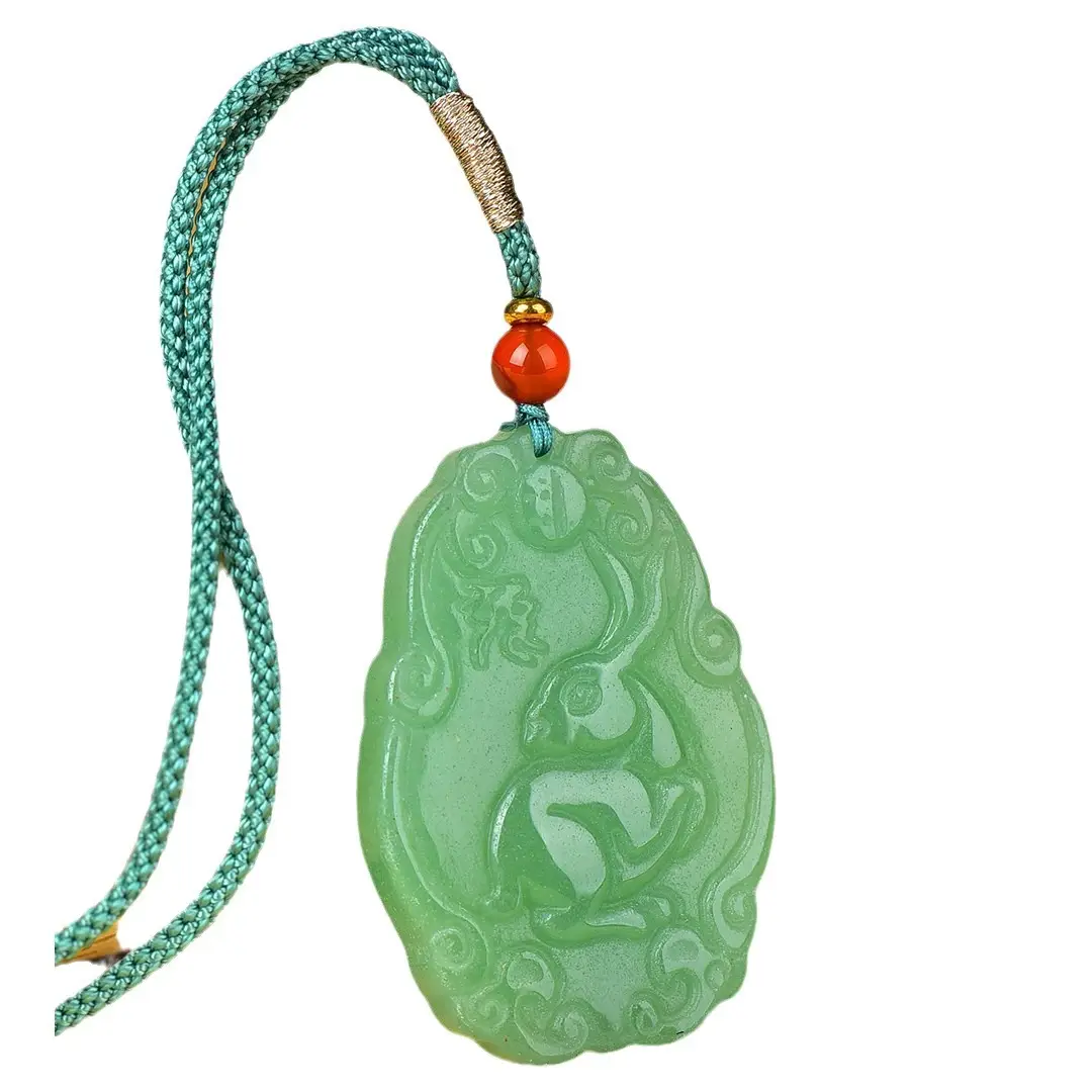 Green Jade Pendant with Red Bead and Embroidered Design - Image 5
