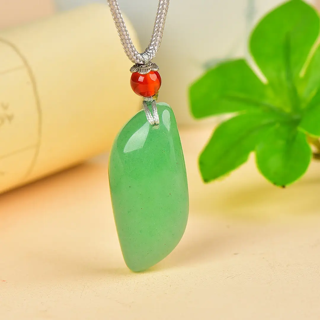 Green Jade Pendant with Red Stone & Silver Chain - Image 3
