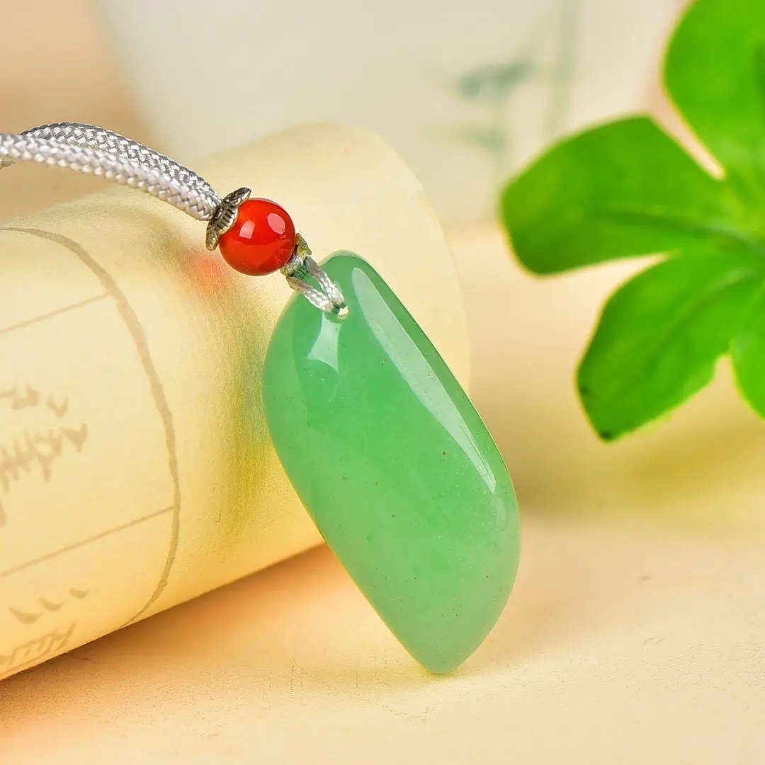 Green Jade Pendant with Red Stone & Silver Chain - Image 4