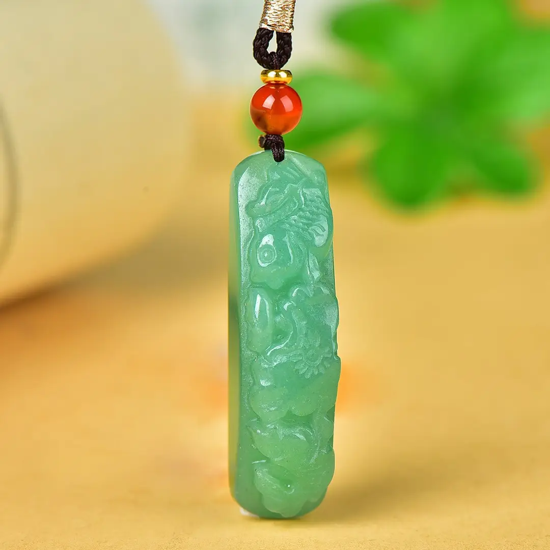 Jade Lotus Fish Pendant Green with Red Beads