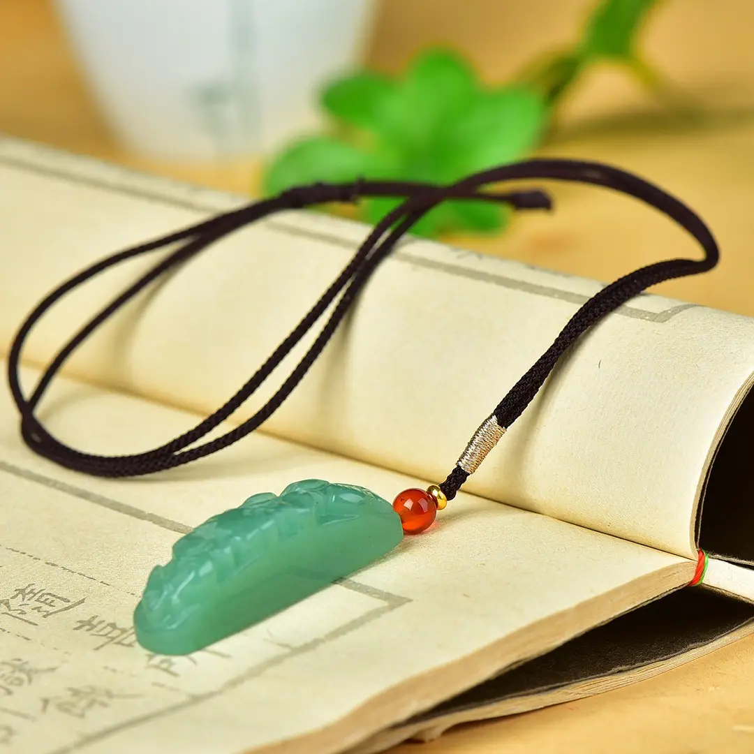 Jade Lotus Fish Pendant Green with Red Beads