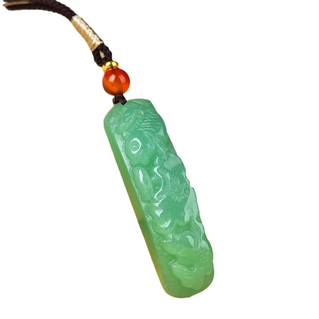 Jade Lotus Fish Pendant Green with Red Beads