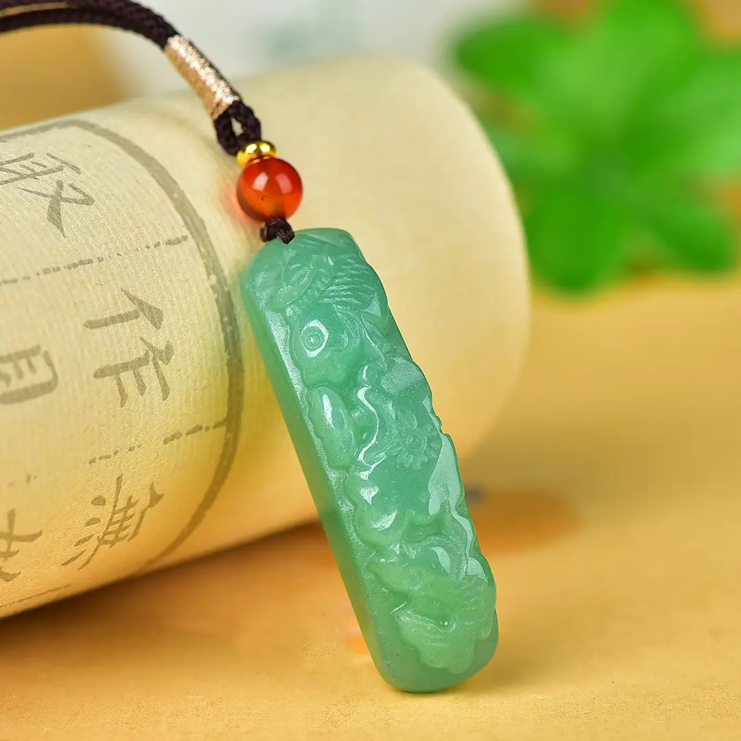 Jade Lotus Fish Pendant Green with Red Beads — feature 6