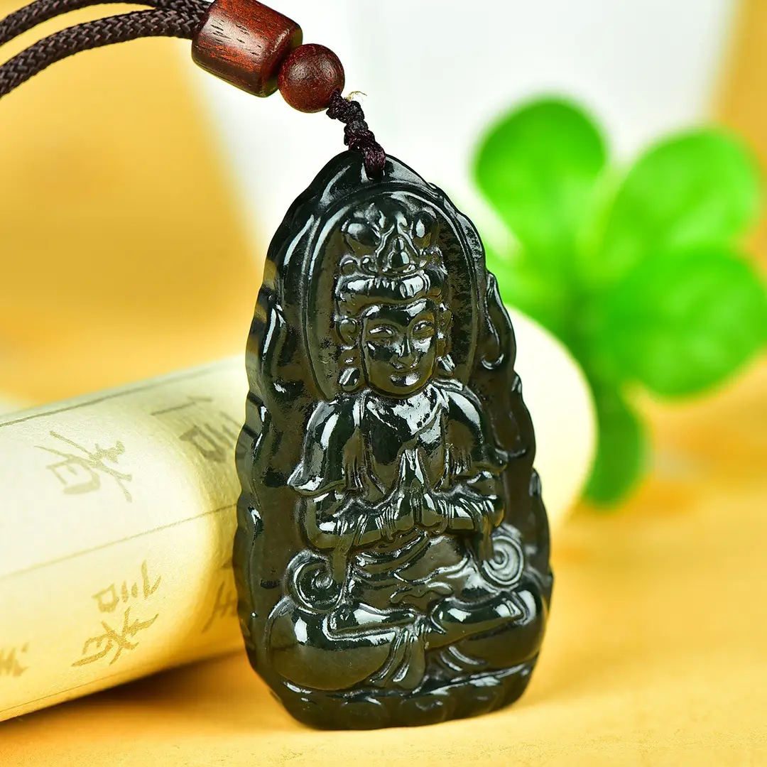 Hetian Jade Guanyin Pendant Necklace Black - Image 3