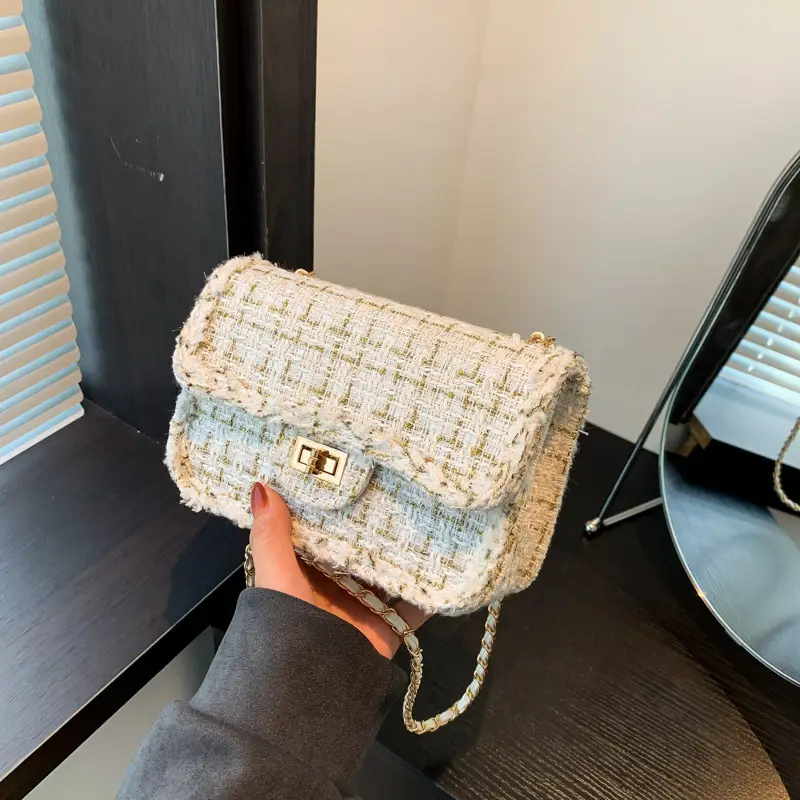 Black Woven Chanel Style Shoulder Messenger Bag with Gold Chain - Image 4