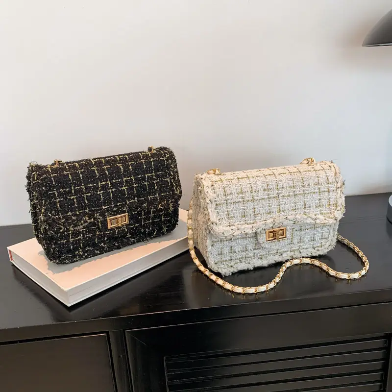 Black Woven Chanel Style Shoulder Messenger Bag with Gold Chain - Image 5