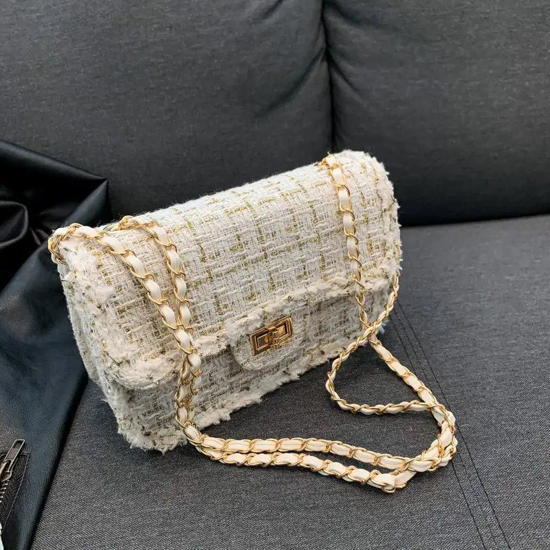 Black Woven Chanel Style Shoulder Messenger Bag with Gold Chain - Image 6