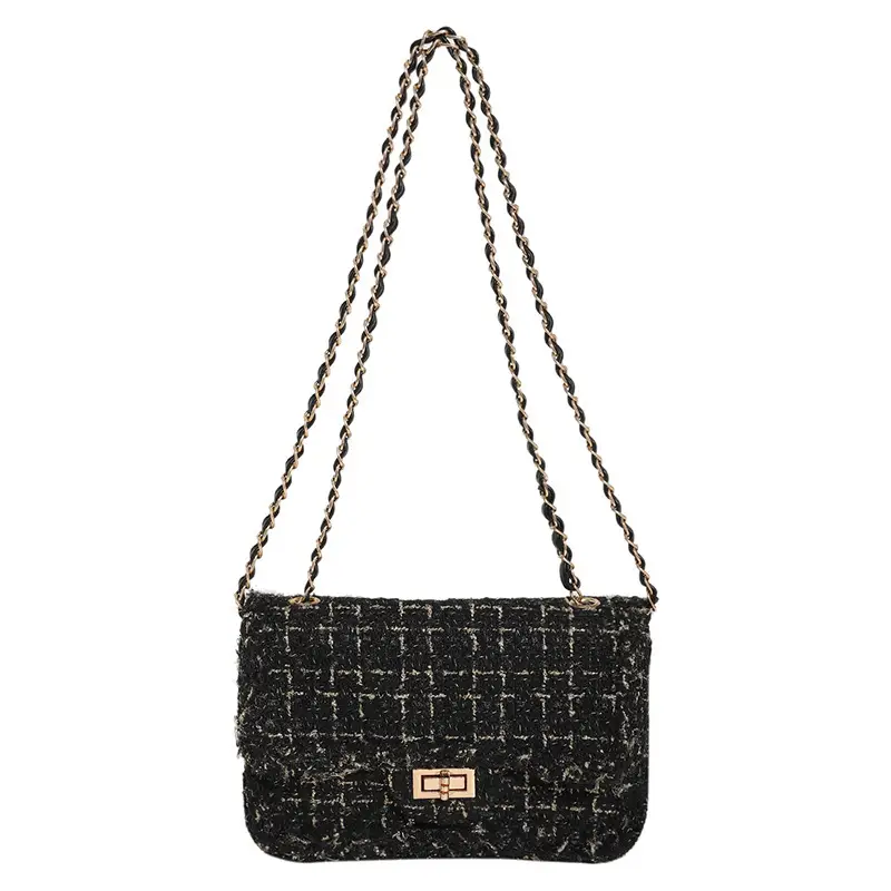 Black Woven Chanel Style Shoulder Messenger Bag with Gold Chain - Image 7