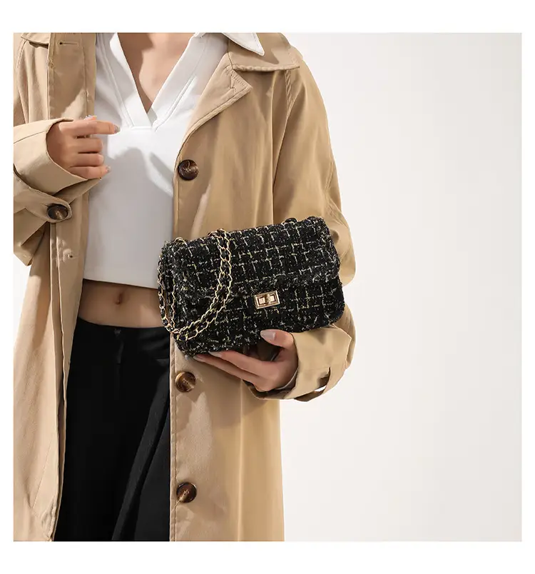 Black Woven Chanel Style Shoulder Messenger Bag with Gold Chain — feature 14