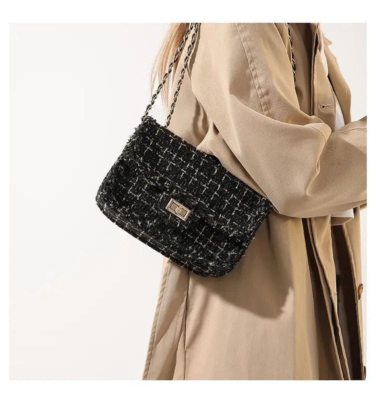 Black Woven Chanel Style Shoulder Messenger Bag with Gold Chain — feature 15