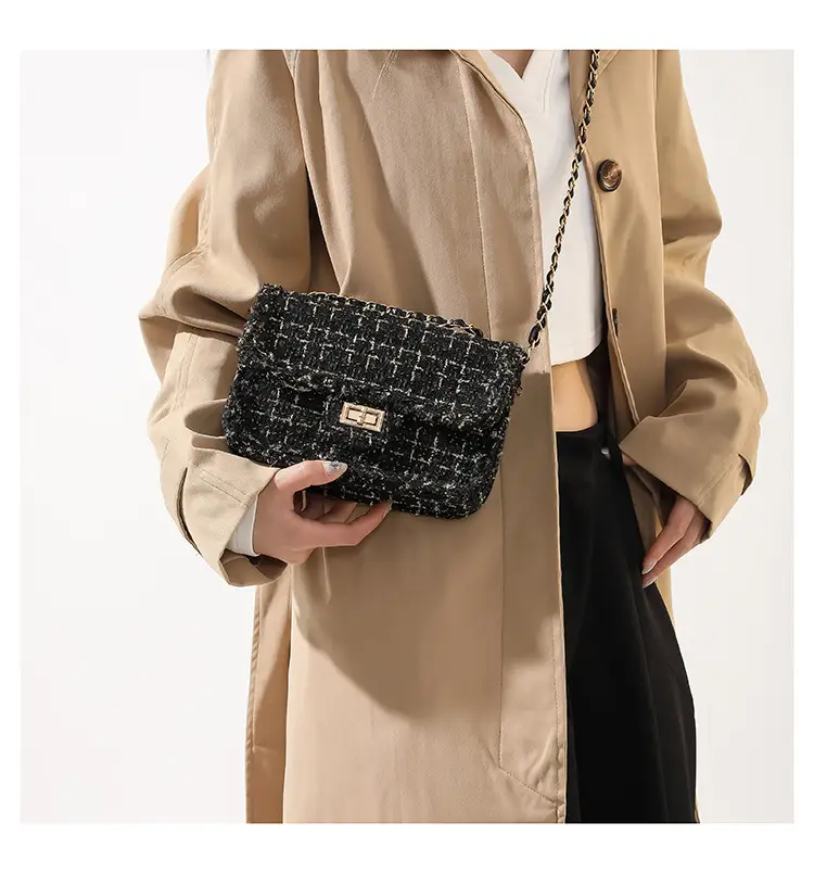 Black Woven Chanel Style Shoulder Messenger Bag with Gold Chain — feature 17