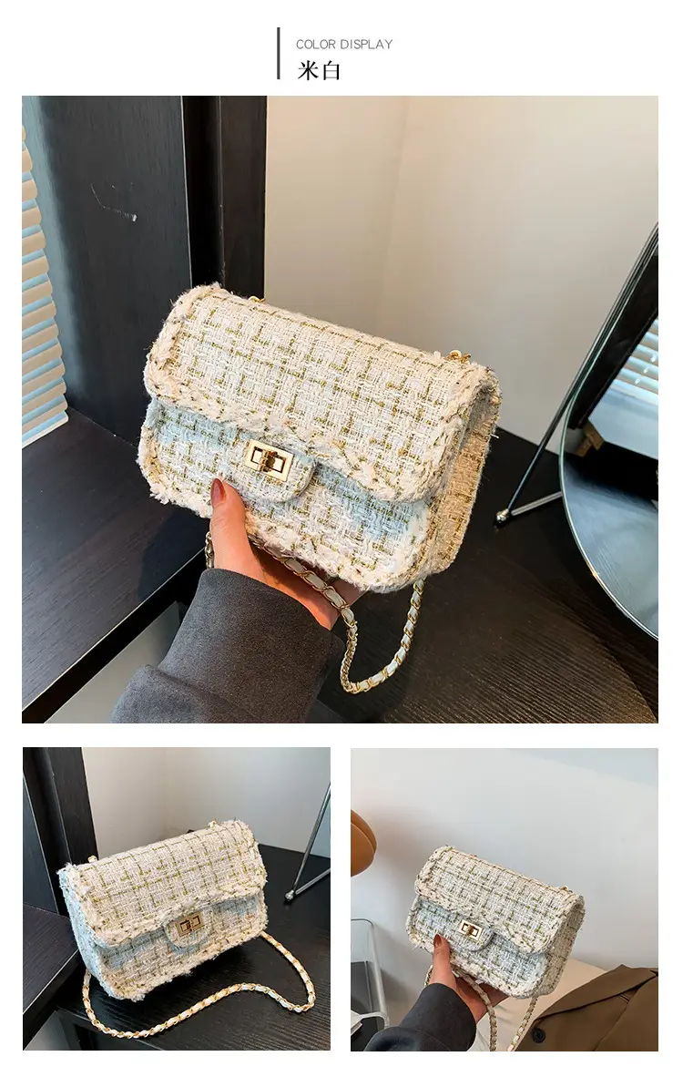 Black Woven Chanel Style Shoulder Messenger Bag with Gold Chain — feature 19