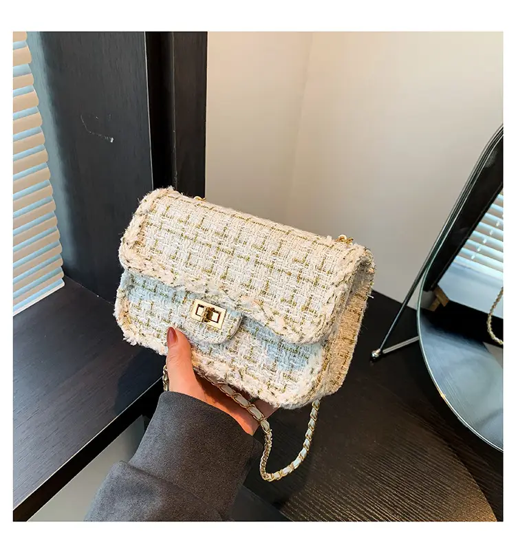 Black Woven Chanel Style Shoulder Messenger Bag with Gold Chain — feature 22
