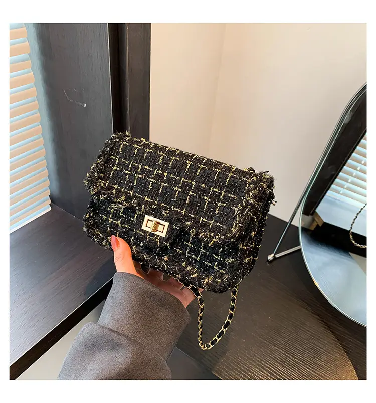 Black Woven Chanel Style Shoulder Messenger Bag with Gold Chain — feature 23