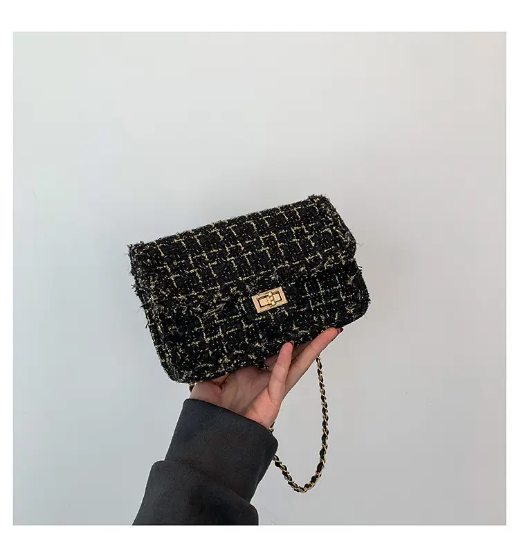 Black Woven Chanel Style Shoulder Messenger Bag with Gold Chain — feature 24