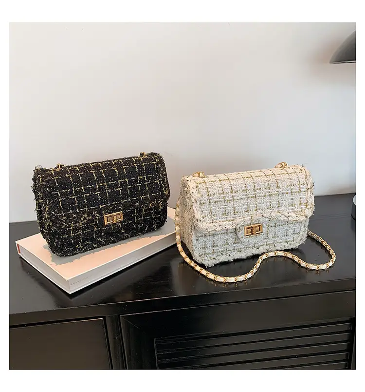 Black Woven Chanel Style Shoulder Messenger Bag with Gold Chain — feature 25