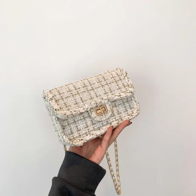 Black Woven Chanel Style Shoulder Messenger Bag with Gold Chain - Image 2