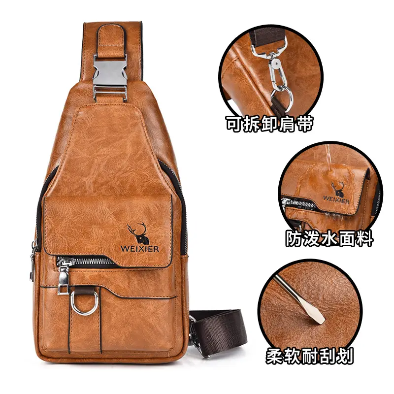 Men's Waterproof Crossbody Bag Brown Leather Large Capacity - Image 9
