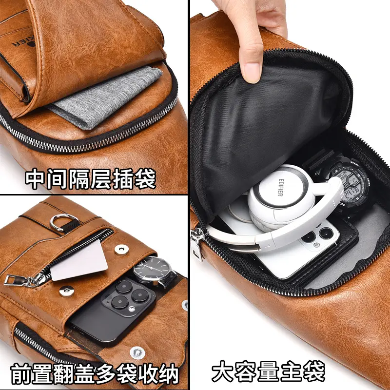 Men's Waterproof Crossbody Bag Brown Leather Large Capacity - Image 10