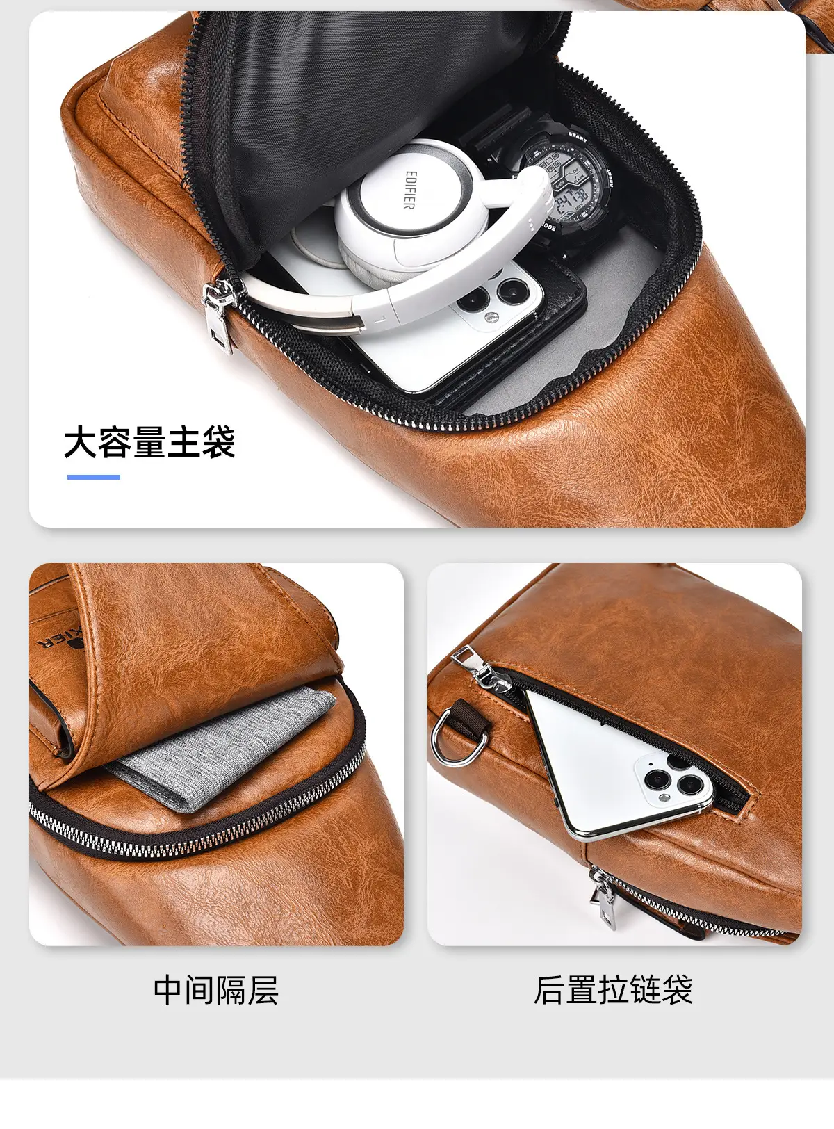 Men's Waterproof Crossbody Bag Brown Leather Large Capacity — feature 11