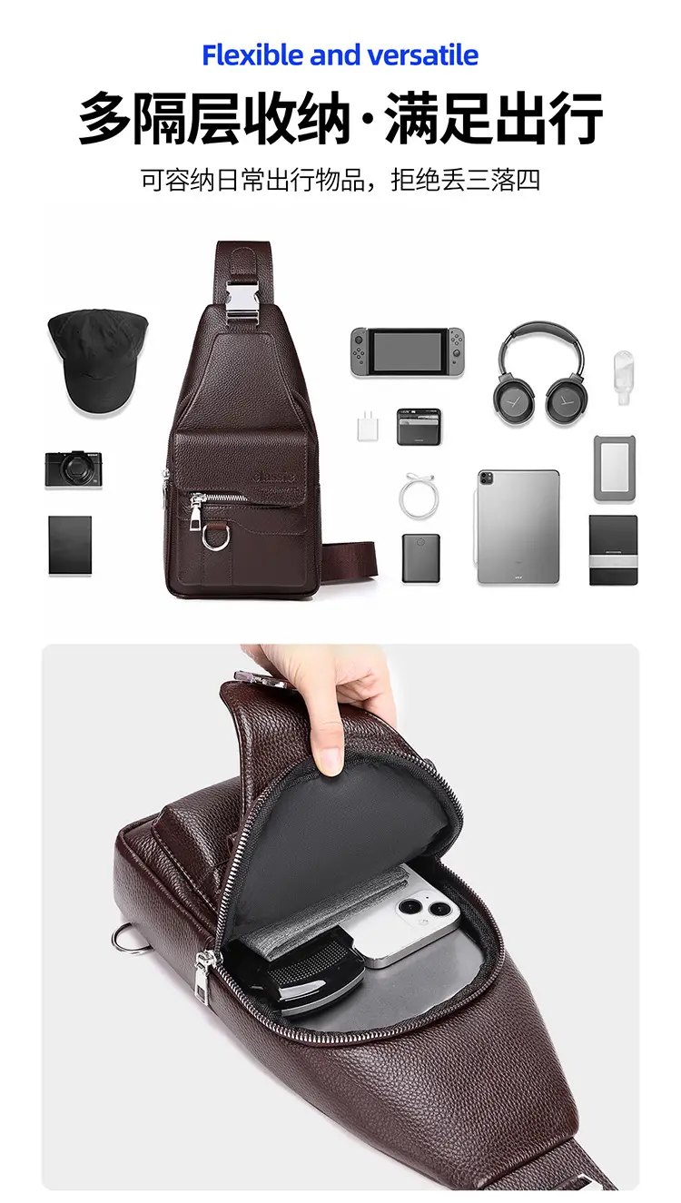 Men's Waterproof Crossbody Bag Brown Leather Large Capacity — feature 37