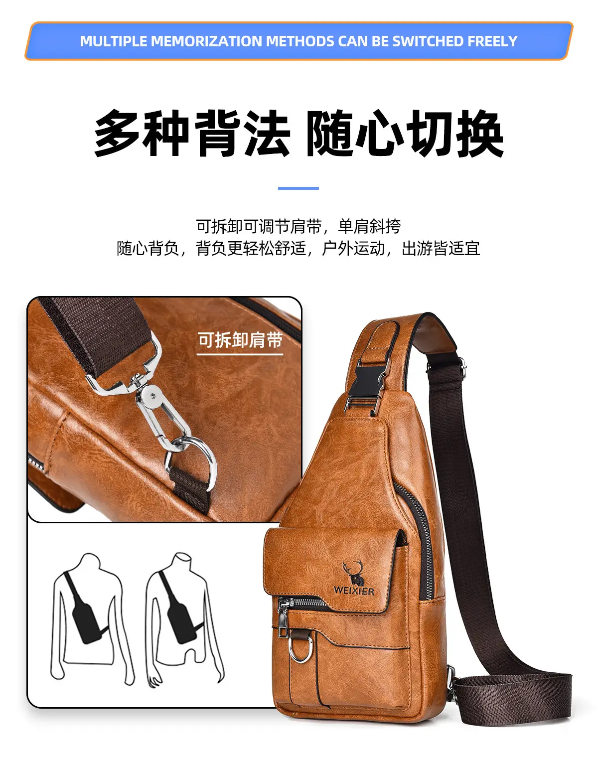 Men's Waterproof Crossbody Bag Brown Leather Large Capacity — feature 9