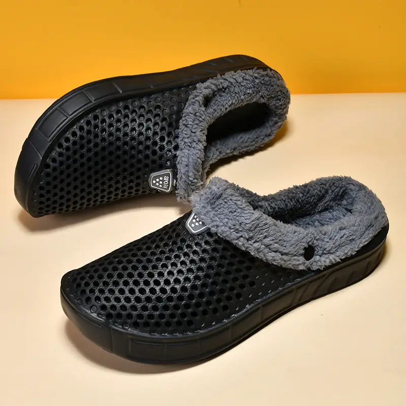 Five-Color home fleece-lined cotton slippers hollow breathable couple's hole shoes casual slip-on closed toe garden shoes - Image 6