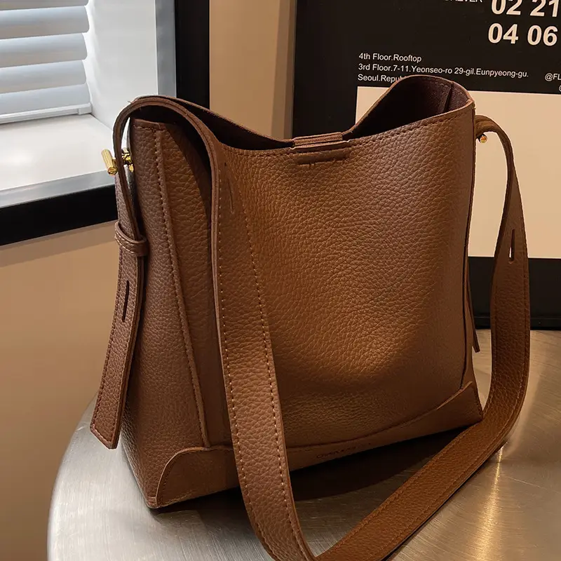 Women Textured Bucket Bag Brown Vintage Shoulder Crossbody