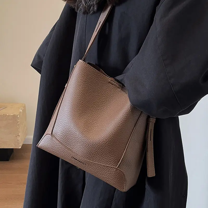 Women Textured Bucket Bag Brown Vintage Shoulder Crossbody