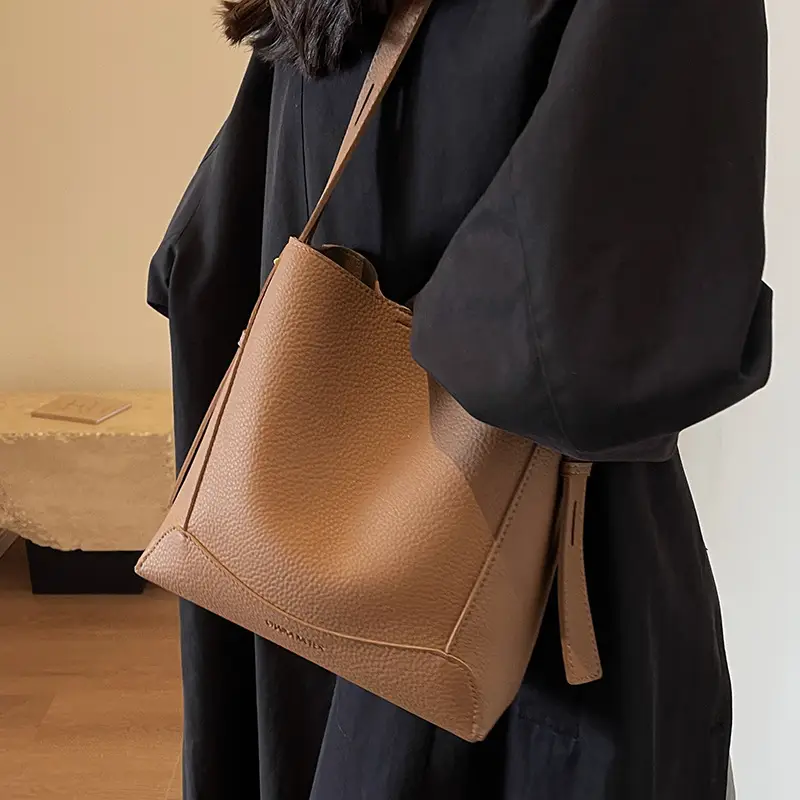 Women Textured Bucket Bag Brown Vintage Shoulder Crossbody