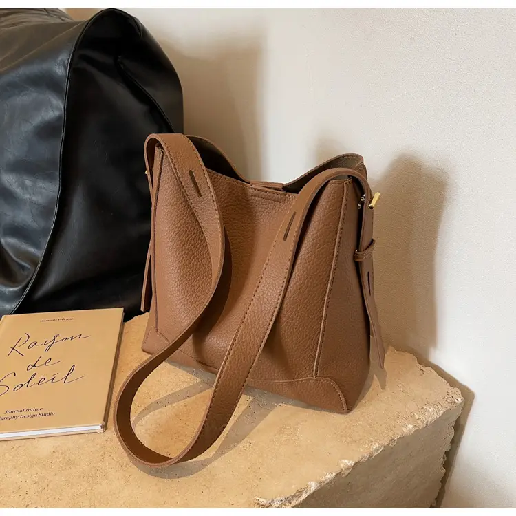 Women Textured Bucket Bag Brown Vintage Shoulder Crossbody — feature 19