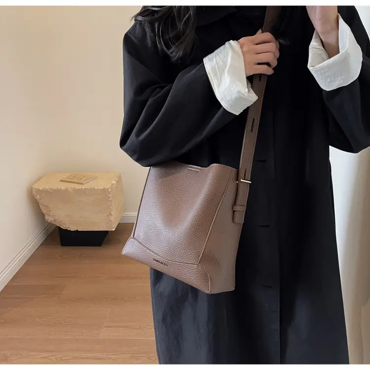 Women Textured Bucket Bag Brown Vintage Shoulder Crossbody — feature 24